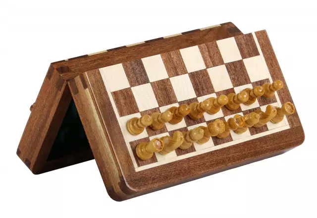 Wooden Magnetic Mini Chess Set with Inlaid Chessboard