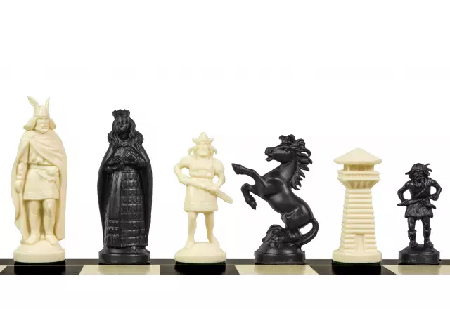 Viking stylized chess figures, cream and black (king 98 mm)